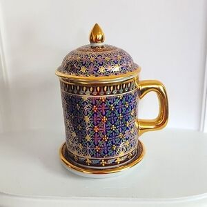 Thai porcelain benjarong pottery gold leaf 24k handpainted teaset cup with a lid